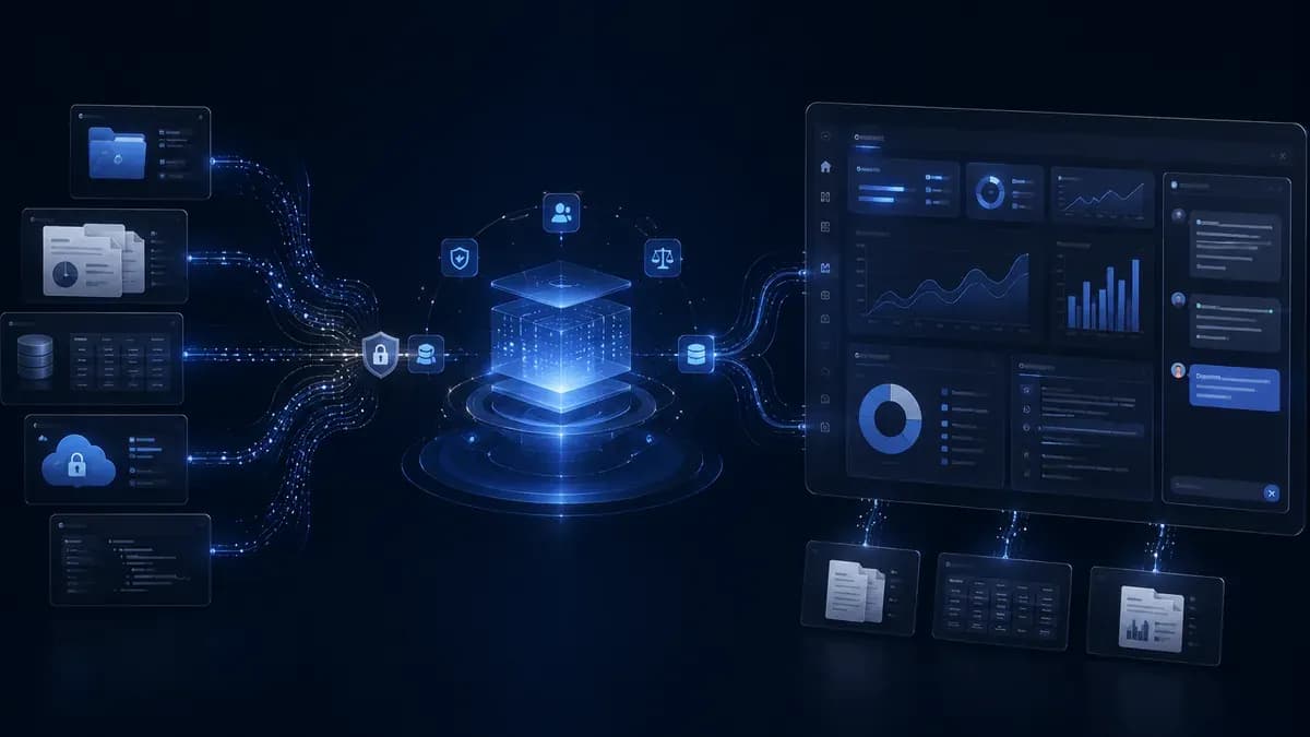 Enterprise AI workflow: data sources feeding a governed knowledge layer that outputs an executive insight dashboard.