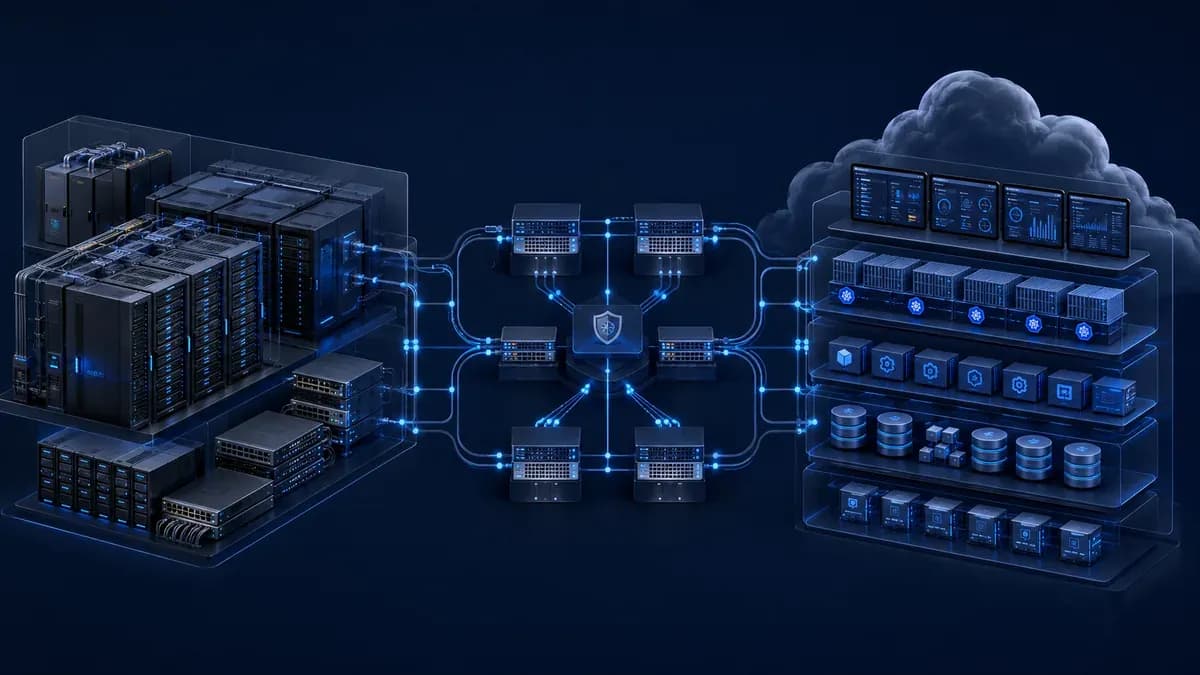 Hybrid infrastructure: on-premise data center connected via enterprise network to cloud environments and workloads.