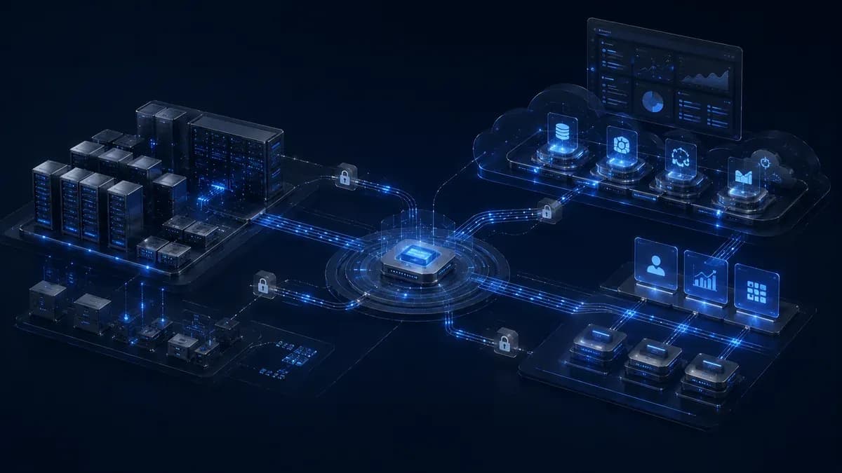 Secured enterprise estate: on-premise data center, cloud services and business applications connected by enforcement points.