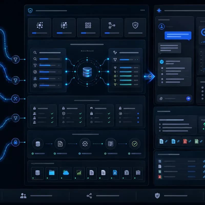 Governed AI architecture: internal data sources and documents feeding a central retrieval layer that produces an assistant and decision-support interface.