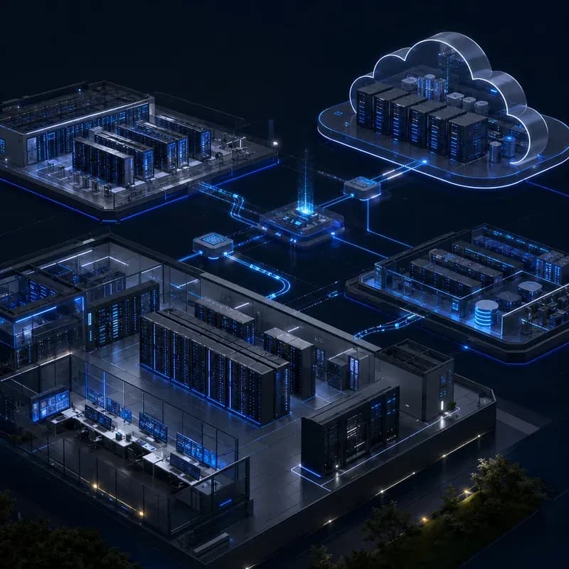 Isometric view of an enterprise data center linked by secure network paths to a cloud region and a redundant recovery site.