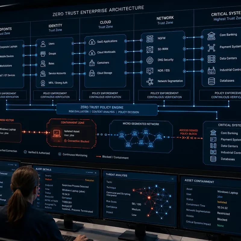 Zero Trust architecture board in a security operations room, mapping endpoints, identity, cloud and network trust zones with policy enforcement between each.