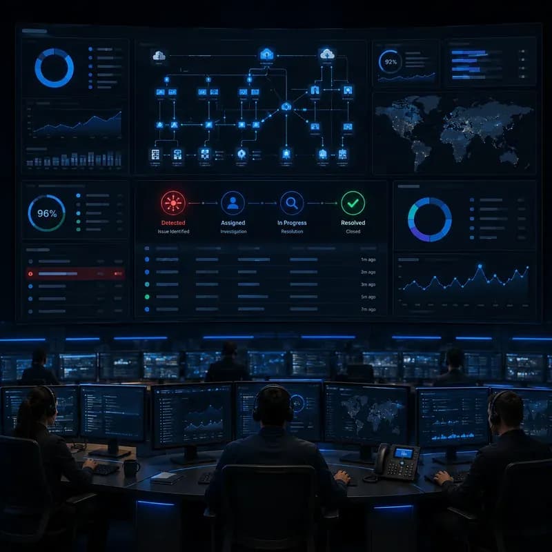Operations center with wall displays tracking service health, an incident moving from detection through to resolution, and infrastructure performance trends.