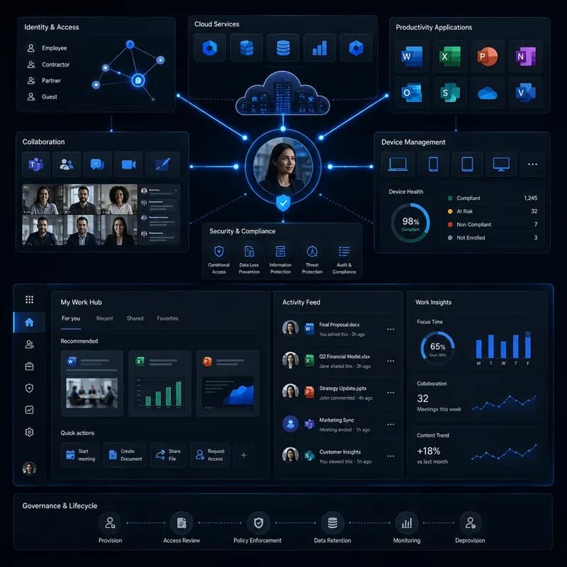 Modern workplace ecosystem linking identity and access, cloud services, productivity and collaboration tools, device management and governance.